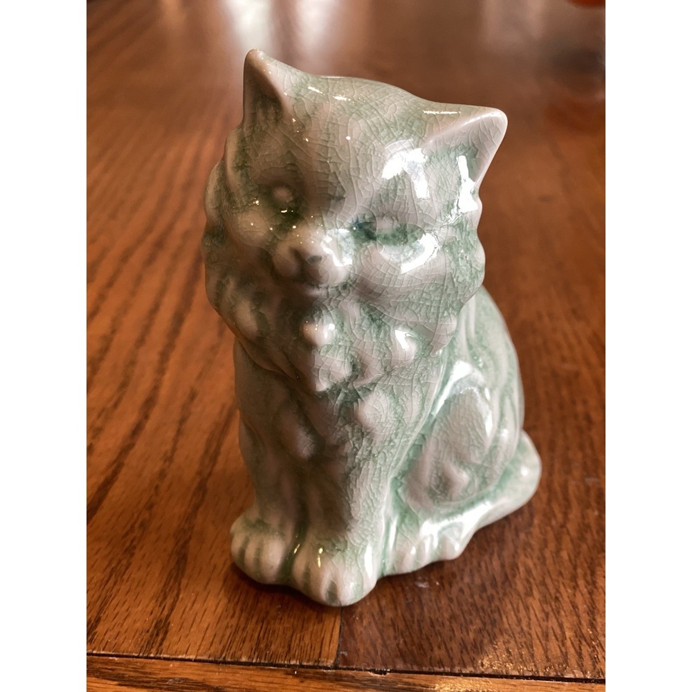Celadon Green Persian Cat Figurine 4.75" Ceramic Cracked Glaze Thailand